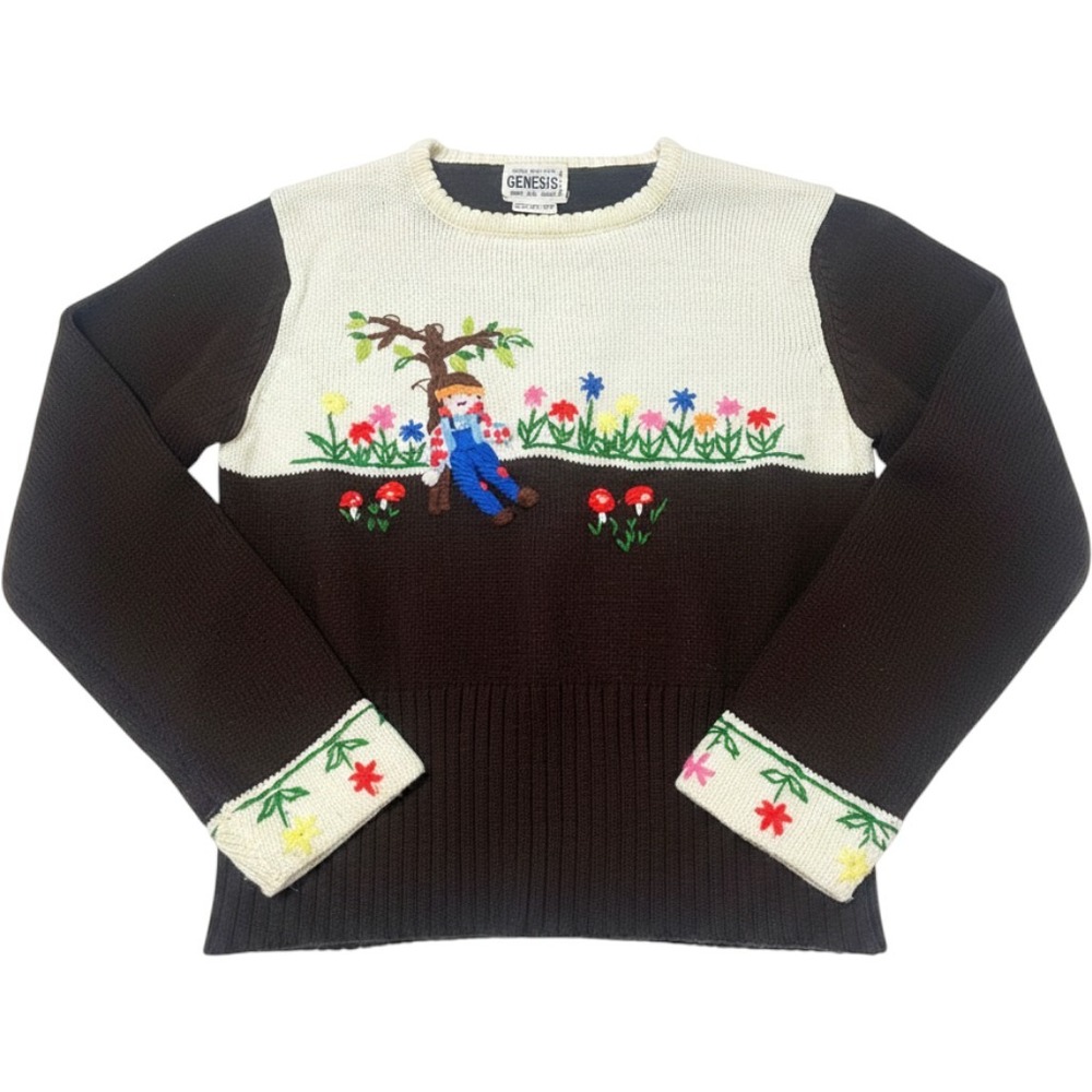 Vintage Genesis Embroidered Cottagecore Sweater Brown Floral Mushroom Girl M